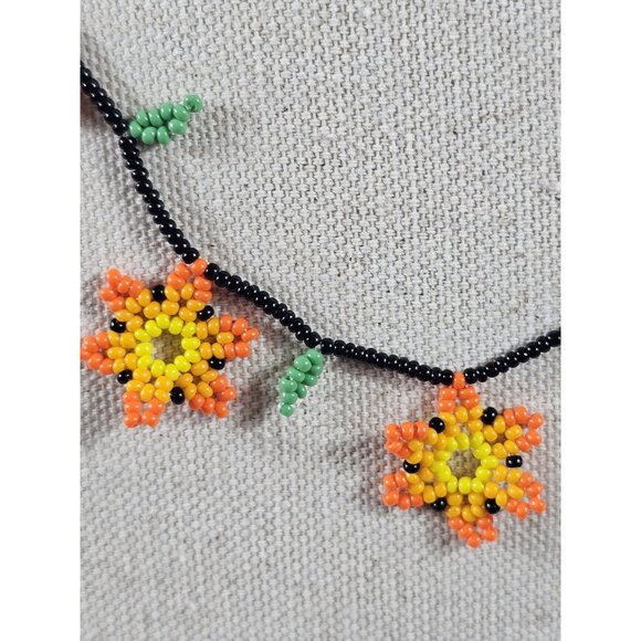Handmade Seed Bead Sunflower Necklace & Earrings Set | Orange Yellow Floral - Picture 5 of 6